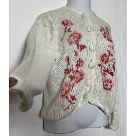 VTG 50s Carol Brent Cardigan Sweater Hand Painted Floral Granny Cottage Core L - Picture 2 of 16